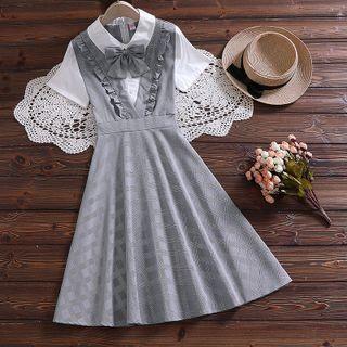 Mock Two-piece Short-sleeve Bow-front Frill Trim Plaid Midi A-line Dress