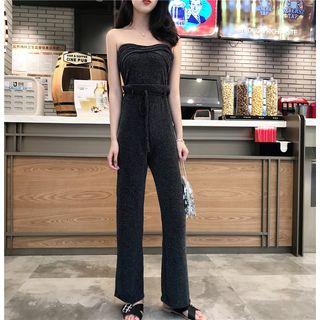 Set: Glittered Off-shoulder Tube Top + Wide-leg Pants