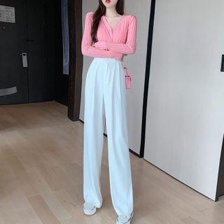 Cropped Rib Knit Cardigan / High-waist Wide-leg Pants