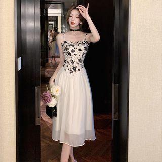 Spaghetti Strap Floral Print Panel Dress
