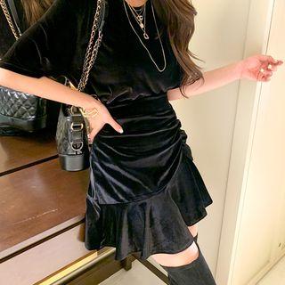 Shirred Ruffle-hem Velvet Miniskirt