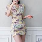 Short-sleeve Floral Shirred Mini Bodycon Dress