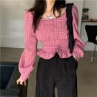 Plaid Puff-sleeve Cropped Shirt Pink - One Size