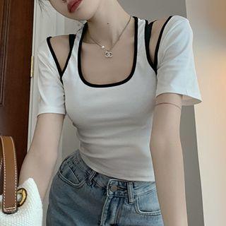 Short-sleeve Halter Neck Contrast Trim Top