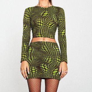 Set: Long-sleeve Patterned Crop Top + Mini Pencil Skirt