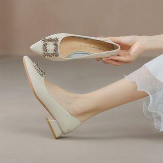 Pointy-toe Rhinestone Buckle Chunky-heel Pumps