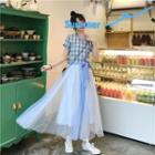 Plaid Short-sleeve Blouse / Color Block Mesh Midi Skirt