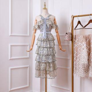 Short-sleeve Cold Shoulder Embroidered Midi Tiered Dress