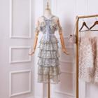 Short-sleeve Cold Shoulder Embroidered Midi Tiered Dress