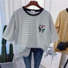 Short-sleeve Cactus Embroidery Striped T-shirt