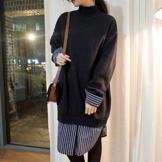 Mock Two-piece Long-sleeve Striped Panel Dress Navy Blue - One Size