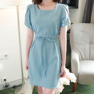 Square-neck Petal-sleeve Dress With Sash