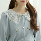 Lace-collar Flower Embroidery Cardigan