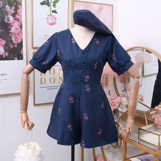 V-neck Printed Flower High Waist Rompers