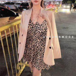 Plain Double-breasted Blazer / Leopard Print Long-sleeve Mini A-line Dress