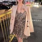 Plain Double-breasted Blazer / Leopard Print Long-sleeve Mini A-line Dress
