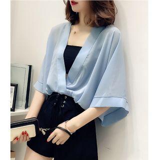 Elbow-sleeve Surplice Chiffon Top