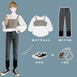 Lantern-sleeve T-shirt / Plaid Cropped Camisole / Color Block Cropped Straight-fit Jeans