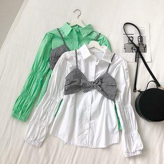 Set Of 2: Puff-sleeve Shirt + Plaid Camisole Top
