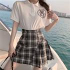 Short-sleeve Bear Print Polo Shirt / Plaid Mini A-line Skirt
