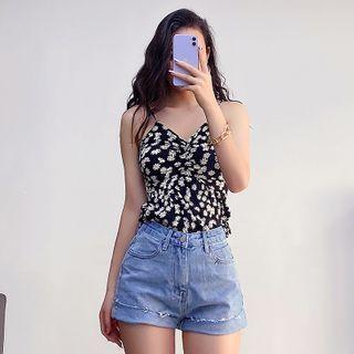 Daisy-print Ruched Chiffon Crop Top