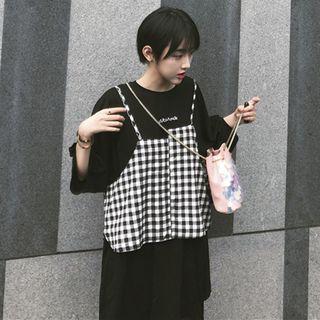 Set: Check Camisole Top + Lettering Loose-fit T-shirt