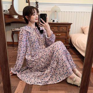 Puff-sleeve Floral Print Midi A-line Dress / Buttoned Knit Vest