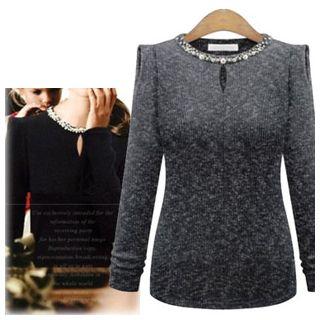 Faux Pearl Keyhole Front Knit Top