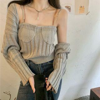 Plain Knit Camisole/ Long-sleeve Knit Cardigan