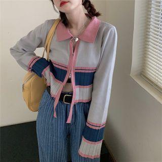 Color Block Zip Cardigan Blue & Pink - One Size