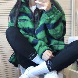 Striped Fleece Loose-fit Zip Jacket Green - One Size