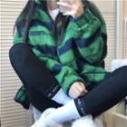 Striped Fleece Loose-fit Zip Jacket Green - One Size