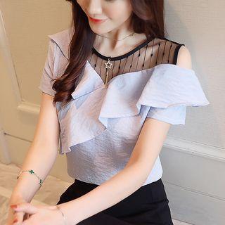 Flounced Mesh-panel Short-sleeve Top