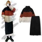 Color Block Padded Coat / Midi A-line Skirt