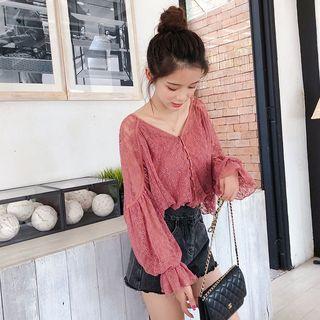 Set: V-neck Long-sleeve Lace Blouse + Spaghetti Strap Top