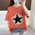 Elbow-sleeve Star Applique T-shirt
