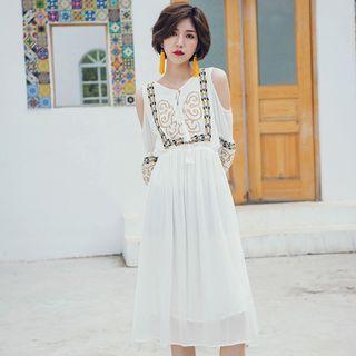3/4-sleeve Cold Shoulder Embroidered A-line Dress