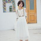 3/4-sleeve Cold Shoulder Embroidered A-line Dress