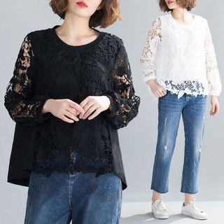Plain Round-neck Long-sleeve Lace Panel T Shirt