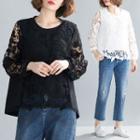 Plain Round-neck Long-sleeve Lace Panel T Shirt