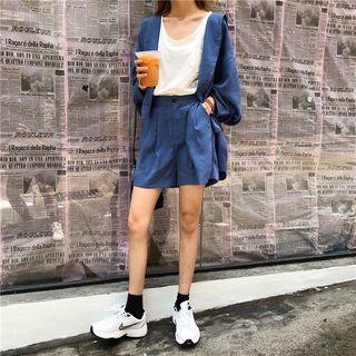 Set: Hooded Buttoned Jacket + High Waist Shorts Blue - One Size