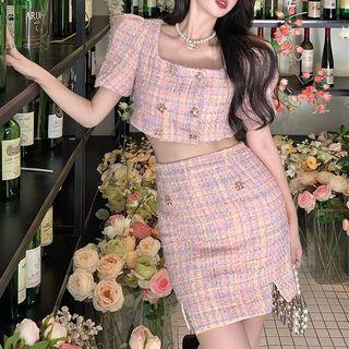 Short-sleeve Double Breasted Blouse / Mini Skirt