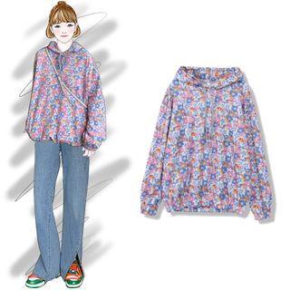 Flower Print Hoodie Blue & White & Red - One Size