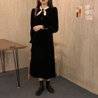 Puff-sleeve Velvet Midi A-line Dress Black - One Size