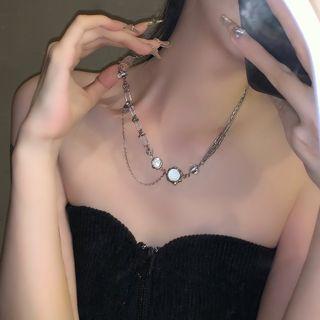 Faux Cat Eye Stone Layered Alloy Necklace Silver - 38 To 50cm