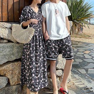 Couple Matching Short-sleeve Midi A-line Dress / Shorts / T-shirt