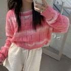 Striped Cable-knit Cropped Sweater Pink - One Size