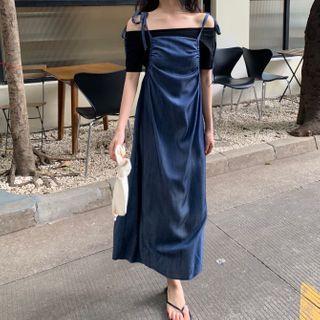 Short-sleeve Off-shoulder Top / Tie Strap Denim Dress