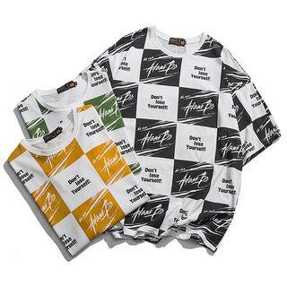 Elbow-sleeve Letter Checker T-shirt
