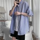 Short-sleeve Stand-collar Striped Shirt